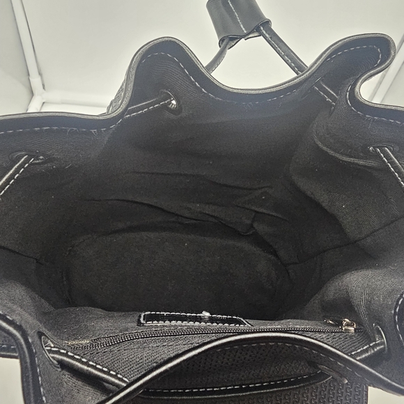 CHARLES JOURDAN Vintage Coated Canvas Black Leather Drawstring Bucket Bag - Picture 10 of 15